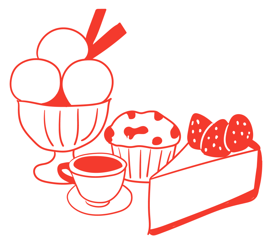 Comichafte rot-weiße Illustration, die verschiedene Gegenstände darstellt. Die Gruppierung zeigt einen Eisbecher, einen Espresso, einen Muffin und ein Stück Erdbeertorte