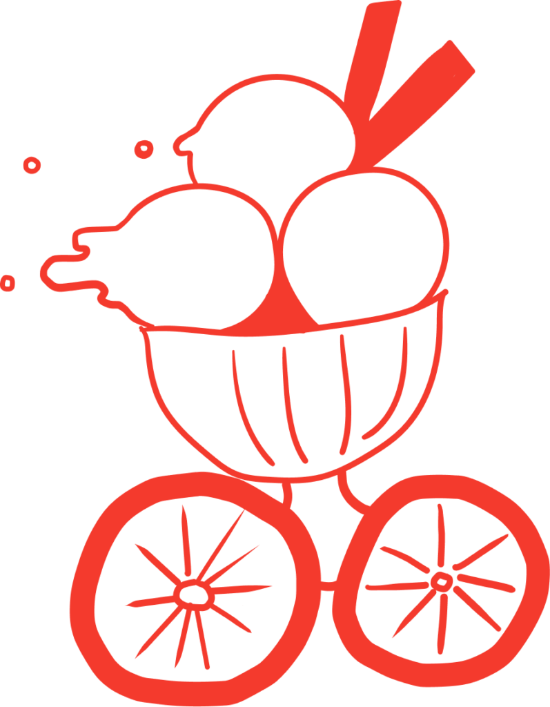 Comichafte einfarbige Illustration mit roten Outlines eines Eisbechers auf Rädern.