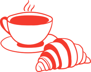 Comichafte einfarbige Illustration mit roten Outlines eines Cappuccinos nebst einem Croissant