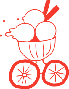 Comichafte einfarbige Illustration mit roten Outlines eines Eisbechers auf Rädern.